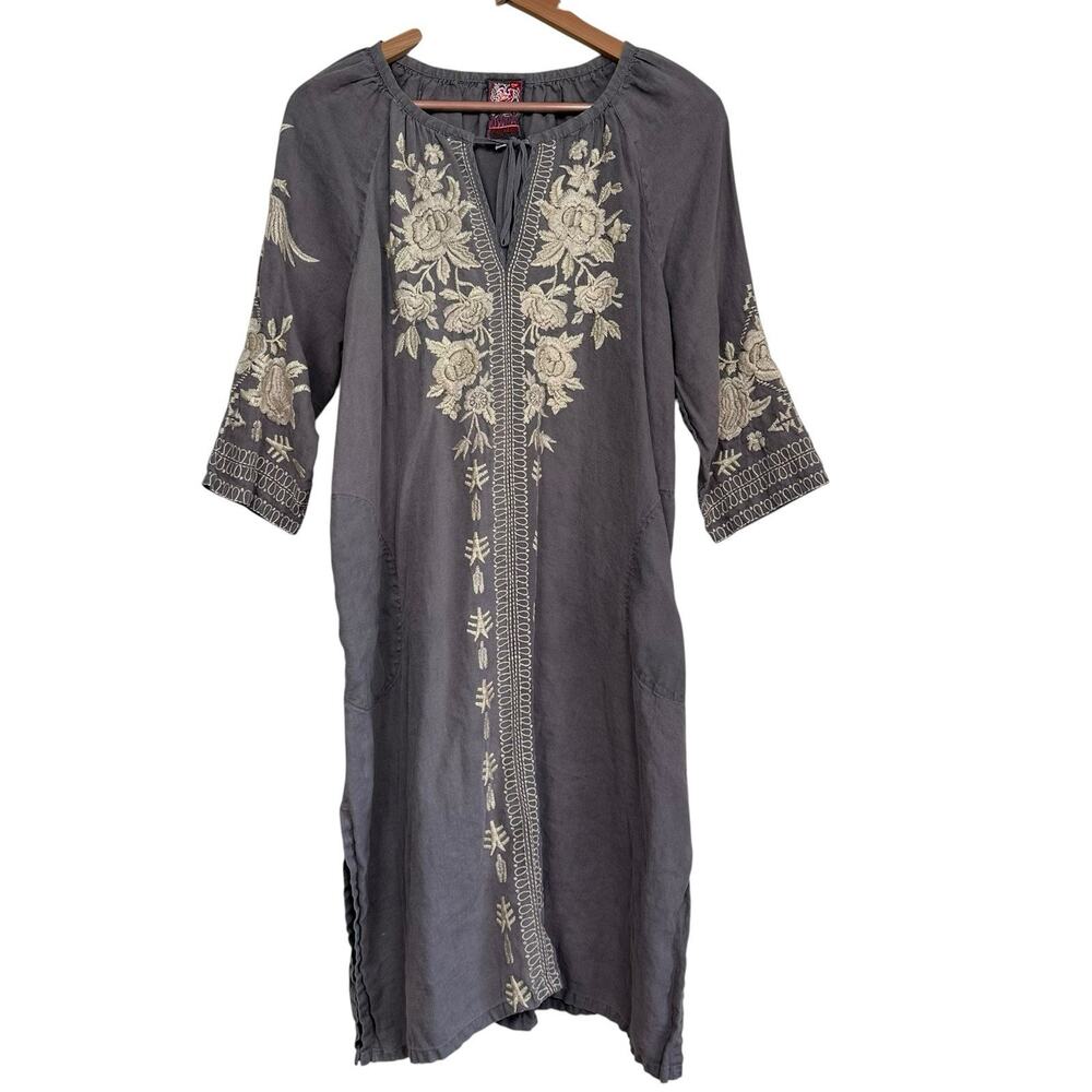 Johnny Was Gray Carmelita Floral Embroidered Linen 3/4 Sleeve Midi Dress PM